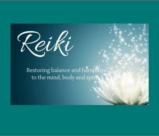 A blue and white banner with the word reiki written in front of it.