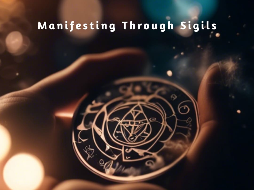 A person holding a coin with the word " manifesting through sigils " on it.