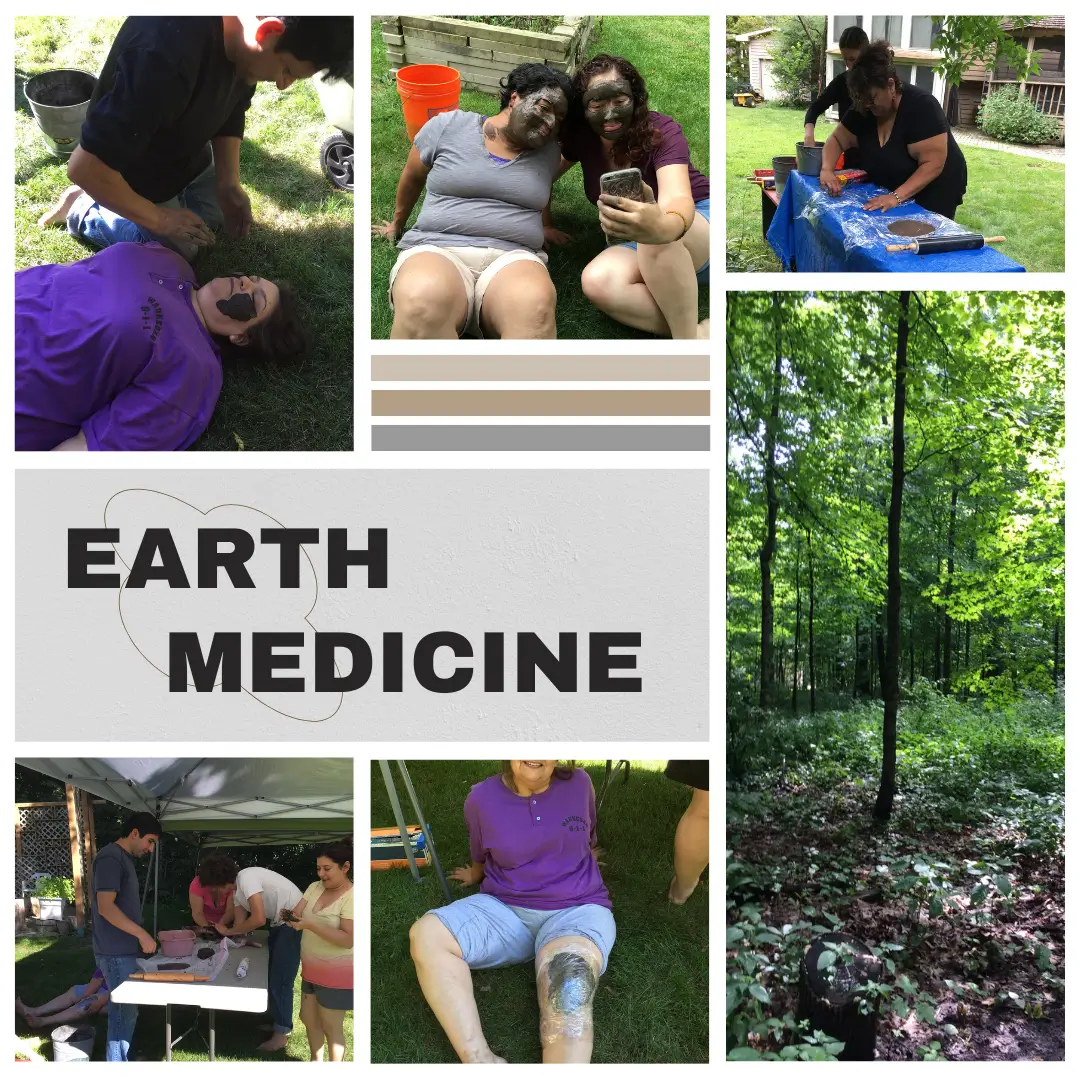 A collage of people in the woods with text